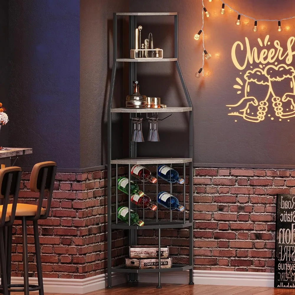 5-Tier Corner Wine Rack with Glass Holder