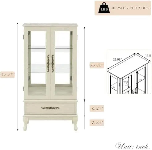 52" Lighted Accent Curio Cabinet, 3-Tier Antique Storage Cabinet with Tempered Glass Adjustable Shelves & Drawer