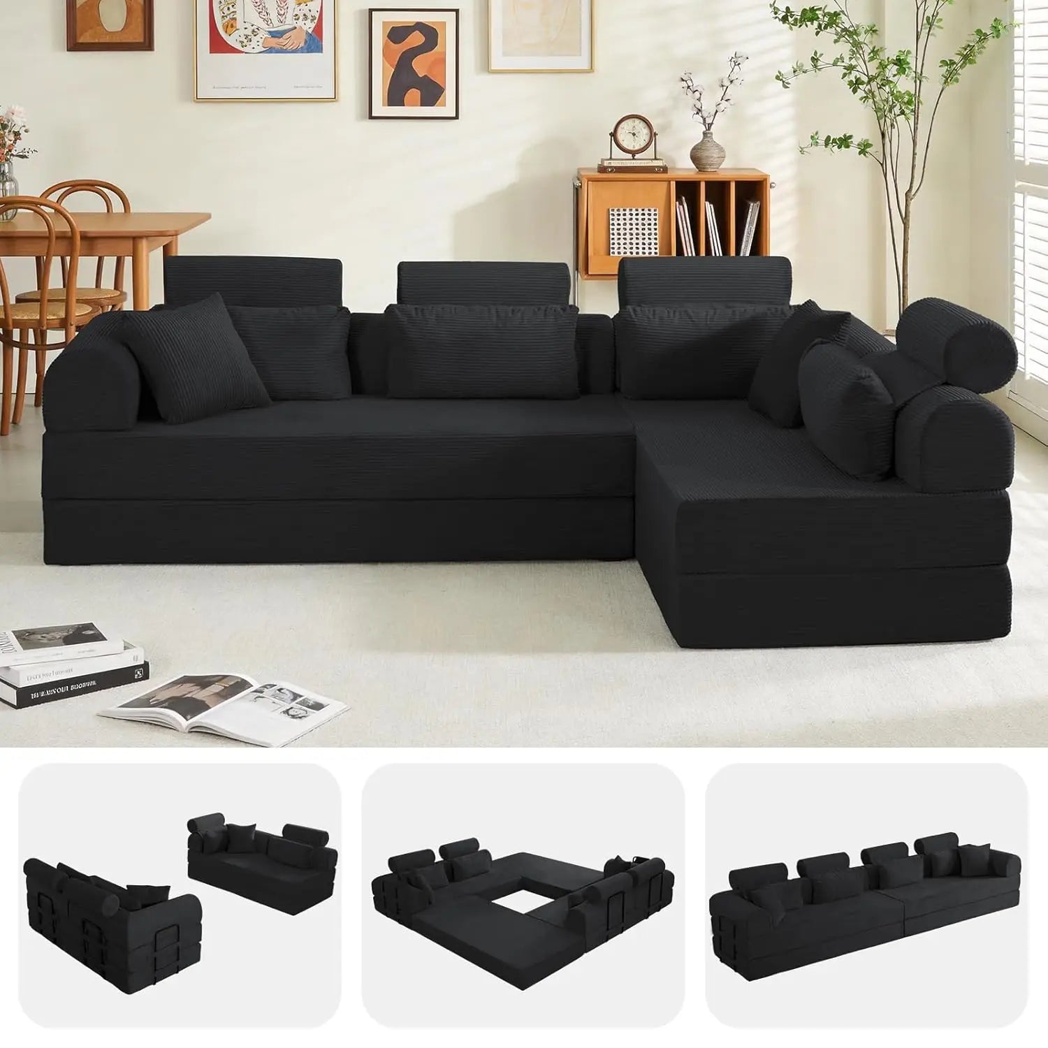 Corduroy L-Shaped Sofa with Right Facing Chaise, Boneless Couches