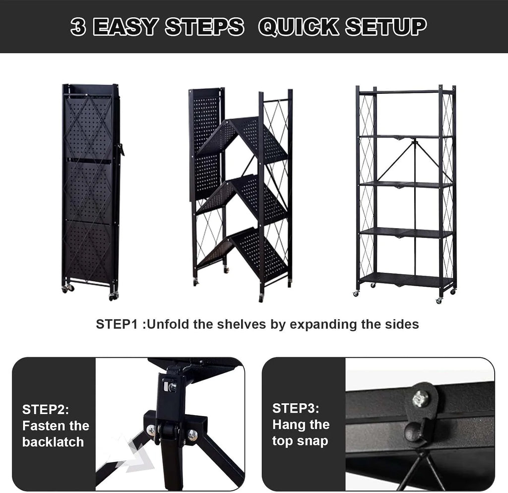 Heavy Duty 5-Tier Collapsible Metal Storage Rack with Wheels