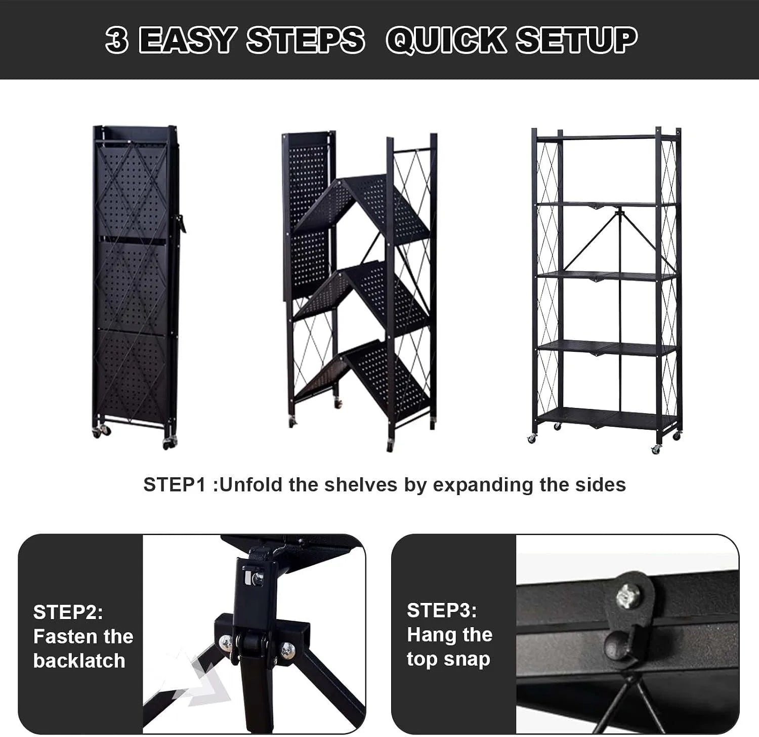 Heavy Duty 5-Tier Collapsible Metal Storage Rack with Wheels